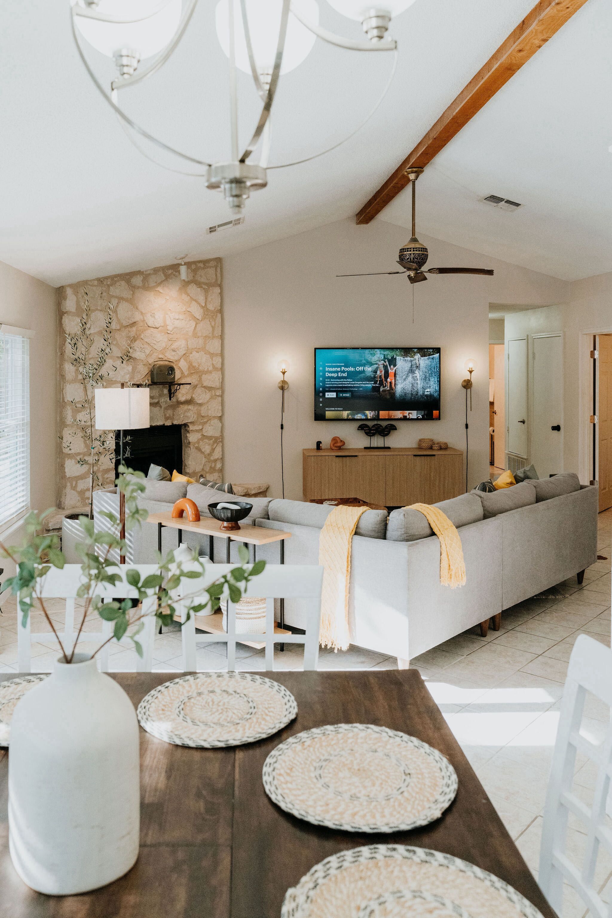 Smart TV, fireplace, foosball