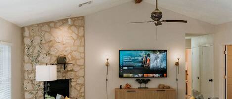 Smart TV, fireplace, foosball