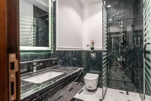 Shower, hair dryer, bidet, towels
