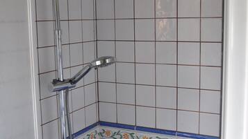 A shower with a chrome fixture and a blue and white tiled wall.