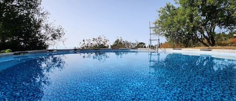 A clear blue pool surrounded by trees.