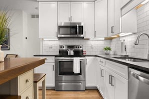 Fridge, microwave, oven, stovetop