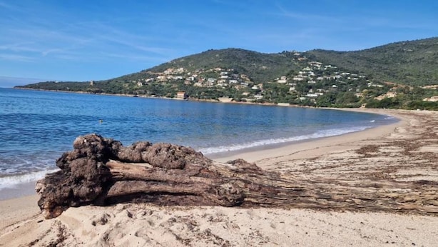 A beach with a large rock formation in the foreground and a hilly landscape in the background. - Villa 10 Personnes au Calme Entre mer et Montagne. 5 Chambres, 5 Salles de Bain (Vico)