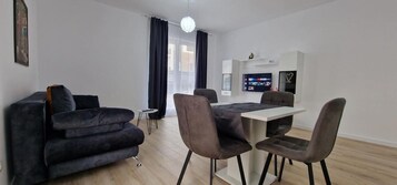 高级公寓 | 起居区 | 108-厘米纯平电视 （配备有线频道）、加热地板