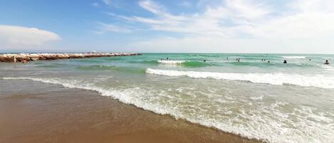 Playa en los alrededores, camastros y toallas de playa