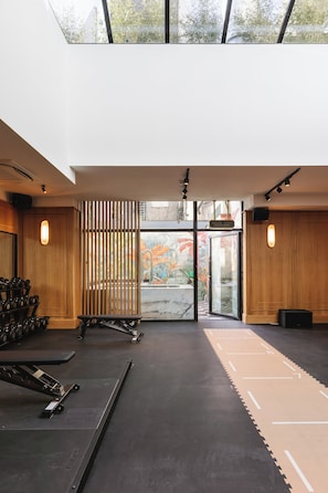 A gym with exercise equipment, a wooden wall, and a view of the outdoors. - The Leinster (Dublin)