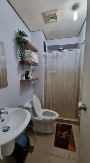 Ducha, secador de pelo, toallas y jabón