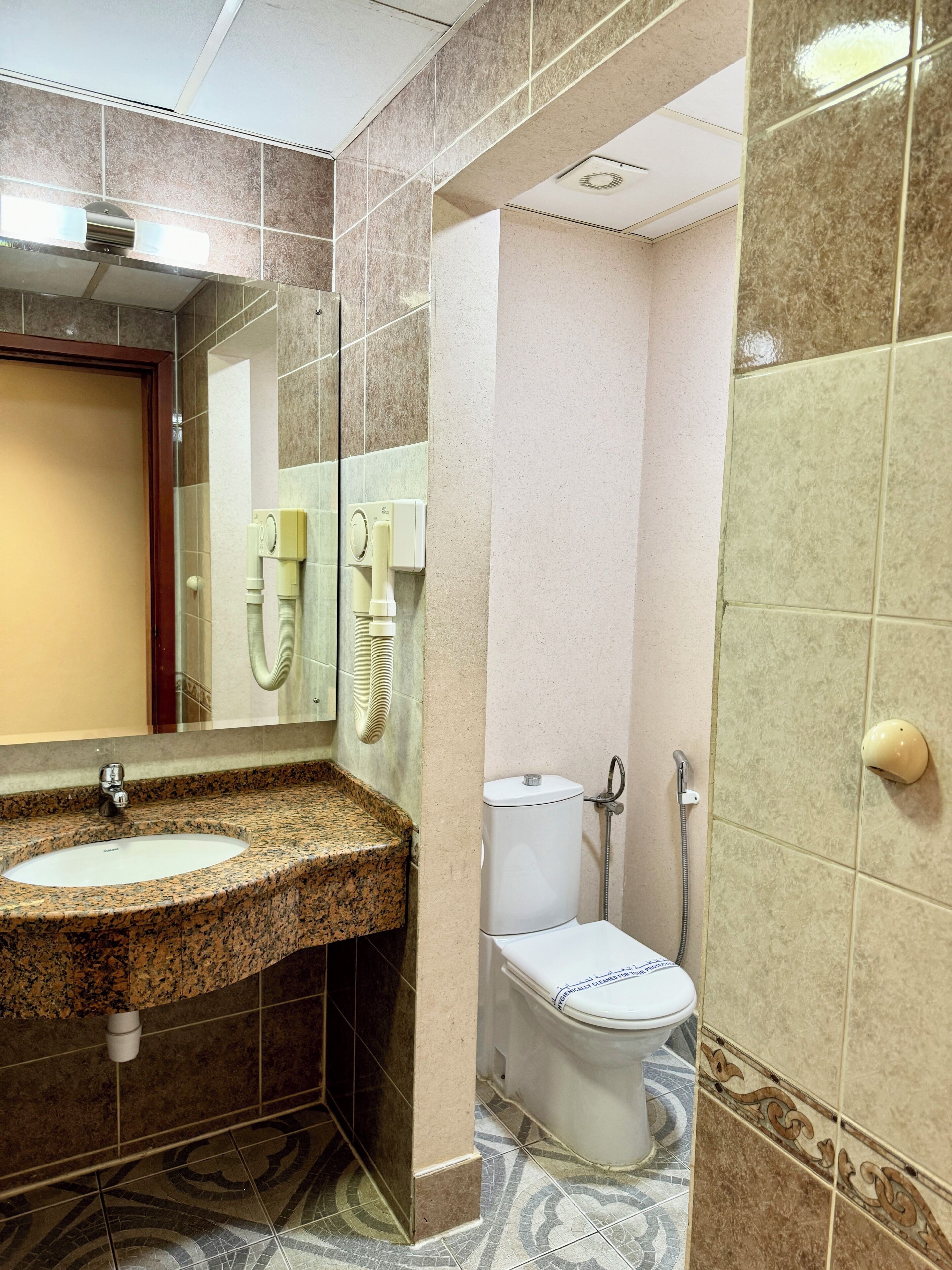 Une salle de bain avec un lavabo sur un plan de travail en granit, des toilettes et un espace douche.