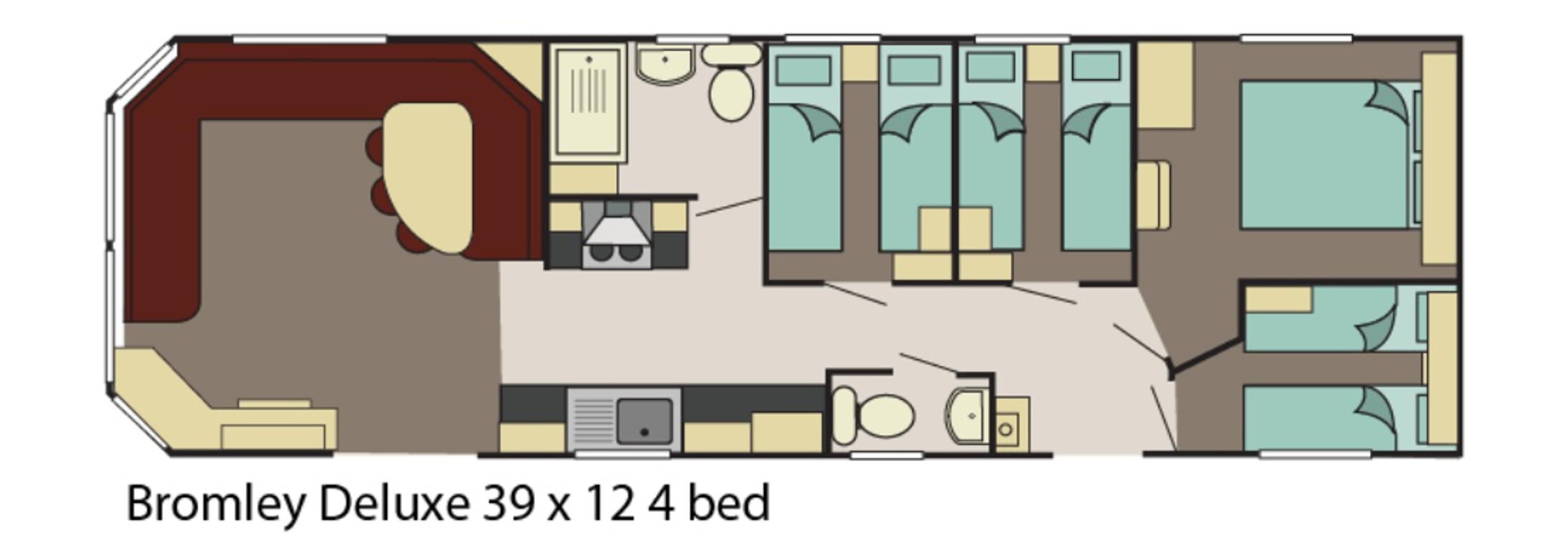 Plano de planta de un hotel Bromley Deluxe de 39 por 12 pies, con 4 recámaras, cocina y comedor.