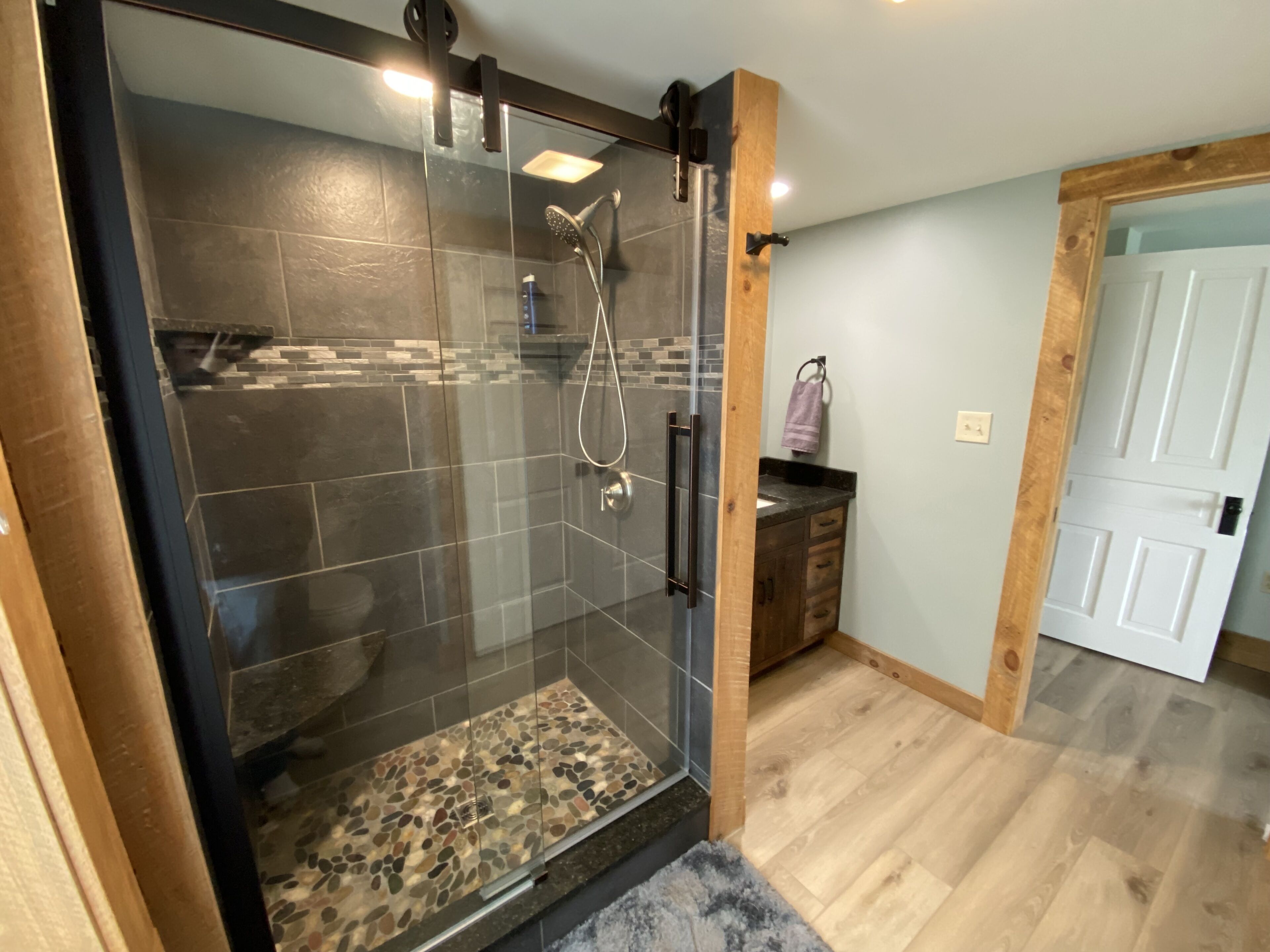 Shower, towels, soap, toilet paper