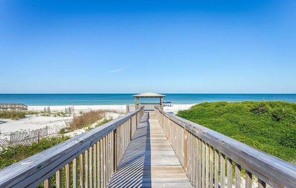 On the beach, sun-loungers