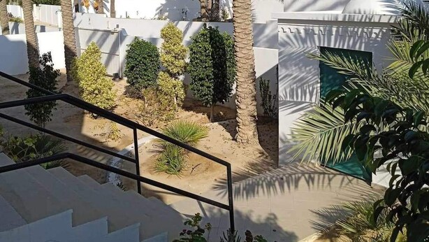 Un cortile con palme, un edificio bianco e una scala.