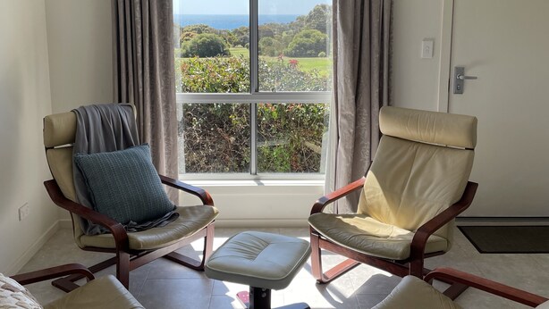 Ein Zimmer mit zwei Ledersesseln, einem kleinen Hocker und Blick auf einen Garten durch ein großes Fenster.