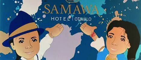 Gráfico promocional del Hotel Samawa Otavalo, con un mapa estilizado de fondo y dos personajes de dibujos animados.