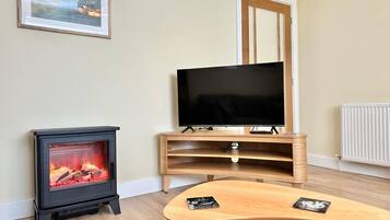 Een televisie en een open haard