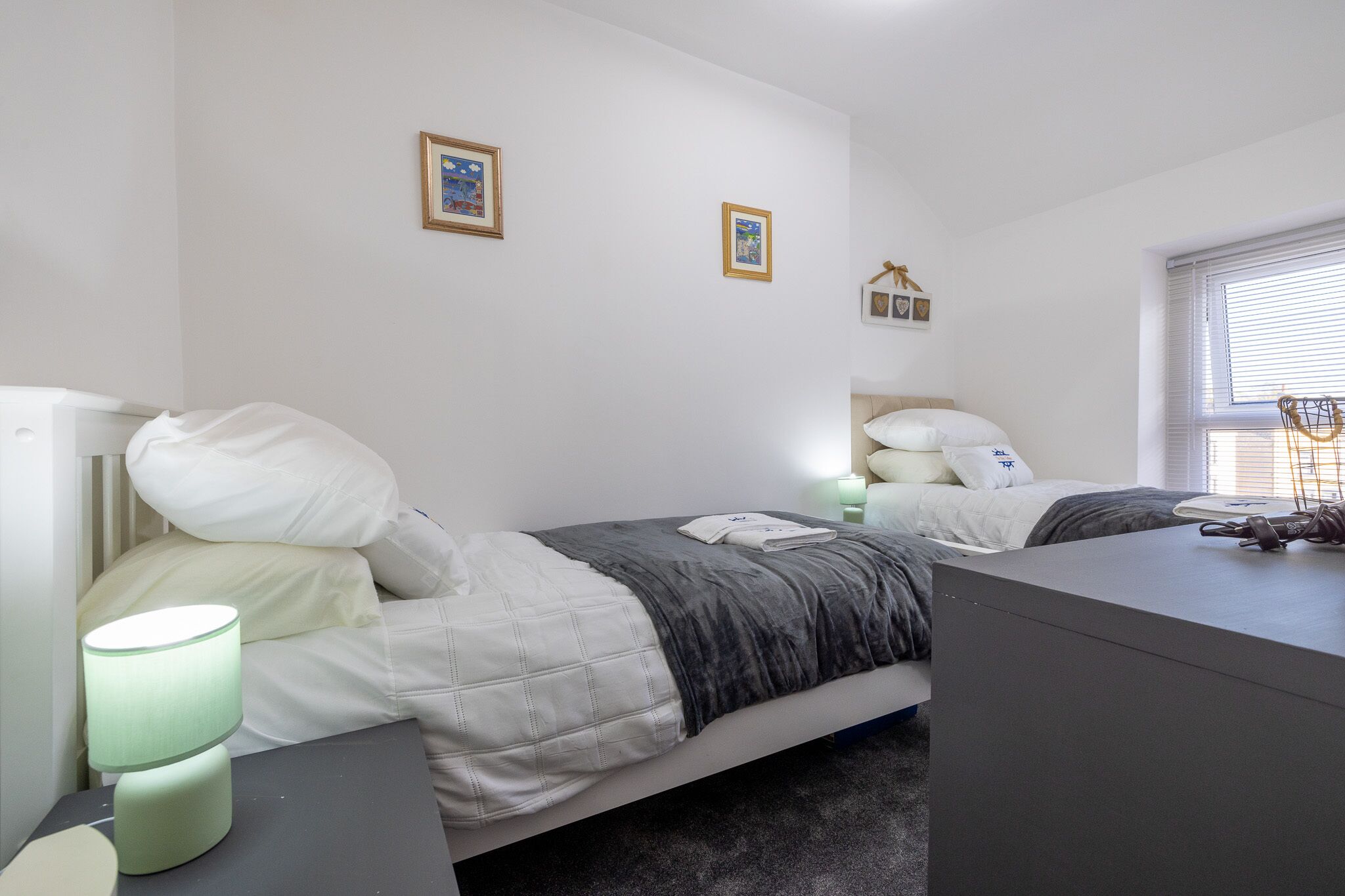 A bedroom with two beds, a bedside table with a lamp, and a dresser.