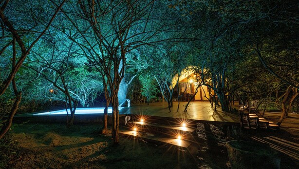 Un espacio al aire libre de noche, con árboles, una terraza de madera y un edificio al fondo.
