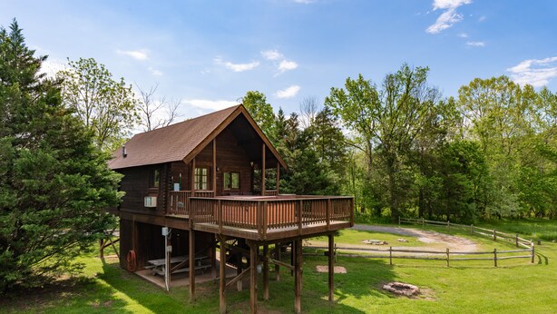 Een houten vakantiehuisje met terras, omringd door bomen en een omheind terrein.