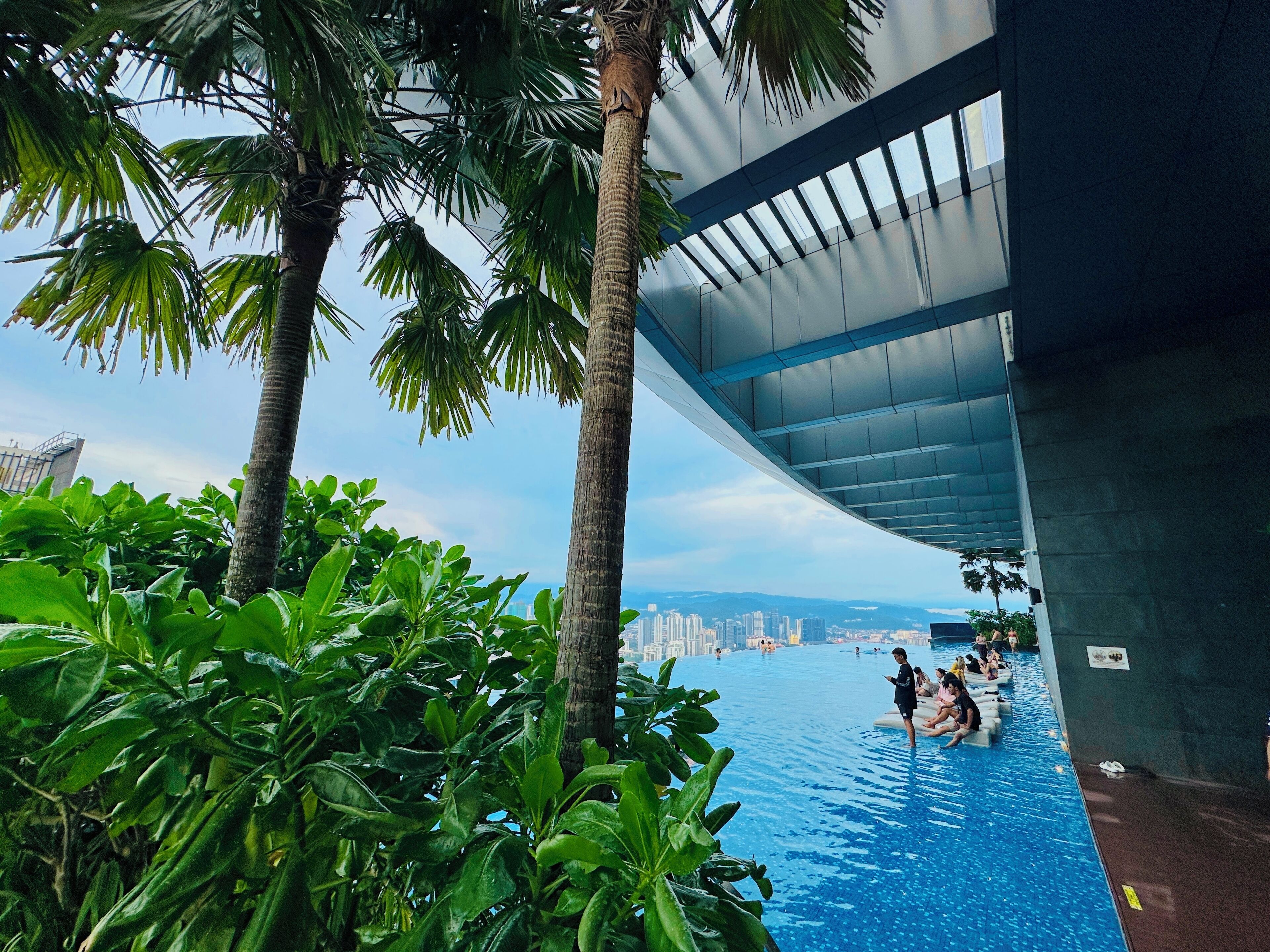 Piscina interior con vistas a un horizonte urbano, rodeada de exuberante vegetación.