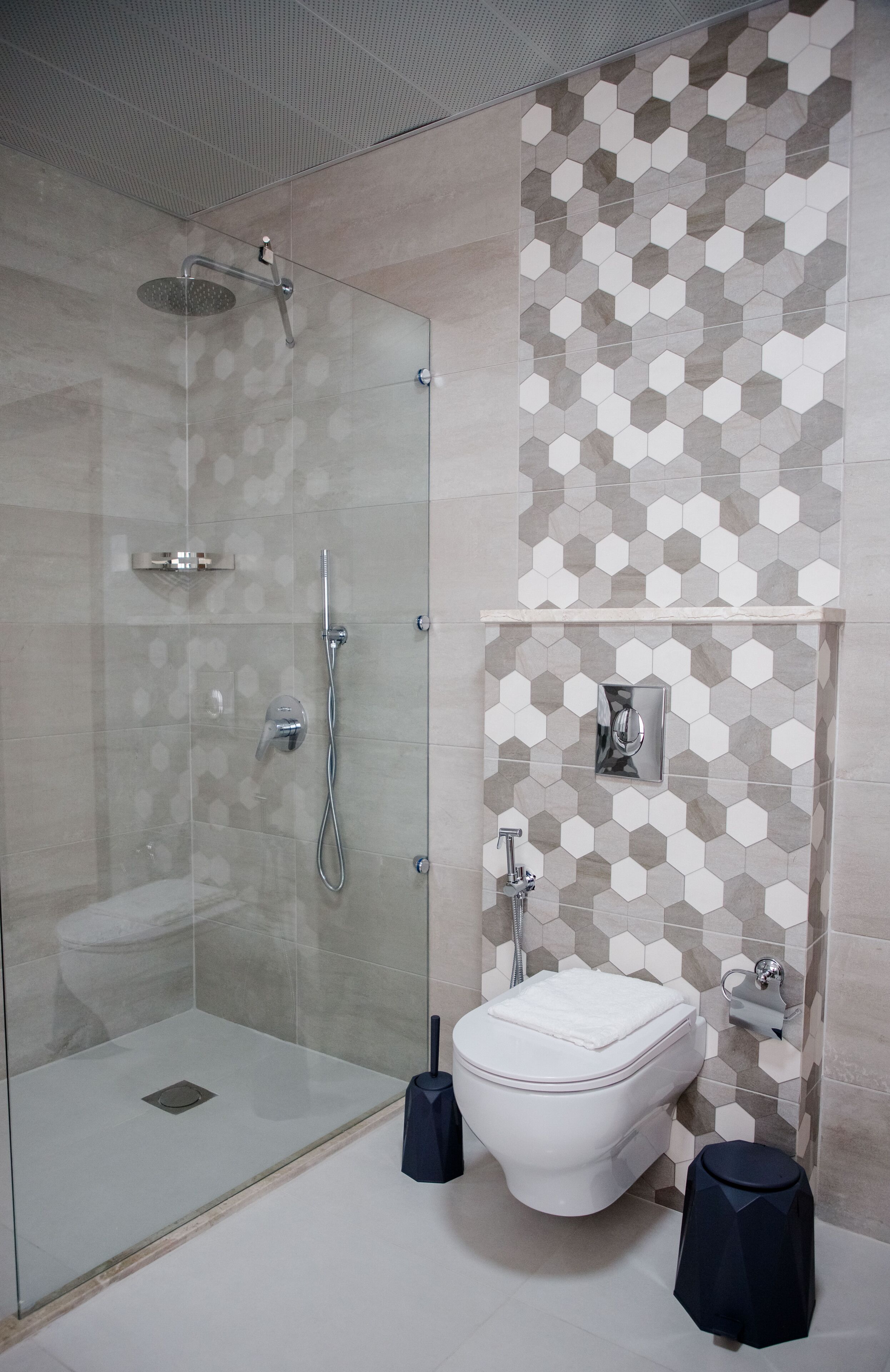 A modern bathroom with a glass-enclosed shower, a toilet, and a bidet.