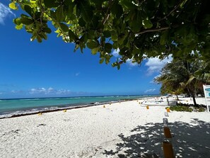 Una playa de arena blanca, agua turquesa cristalina y algunas boyas amarillas.