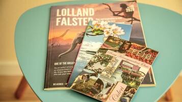 A teal chair with a stack of travel brochures on it.