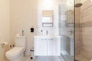Shower, towels, soap, shampoo