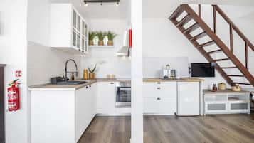 Fridge, microwave, oven, electric kettle