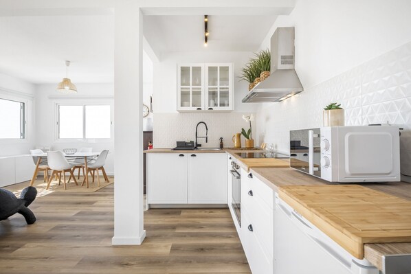 Fridge, microwave, oven, electric kettle