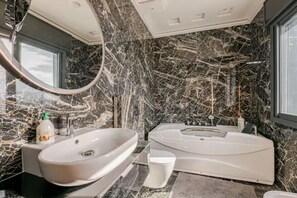 Hair dryer, towels, soap, shampoo