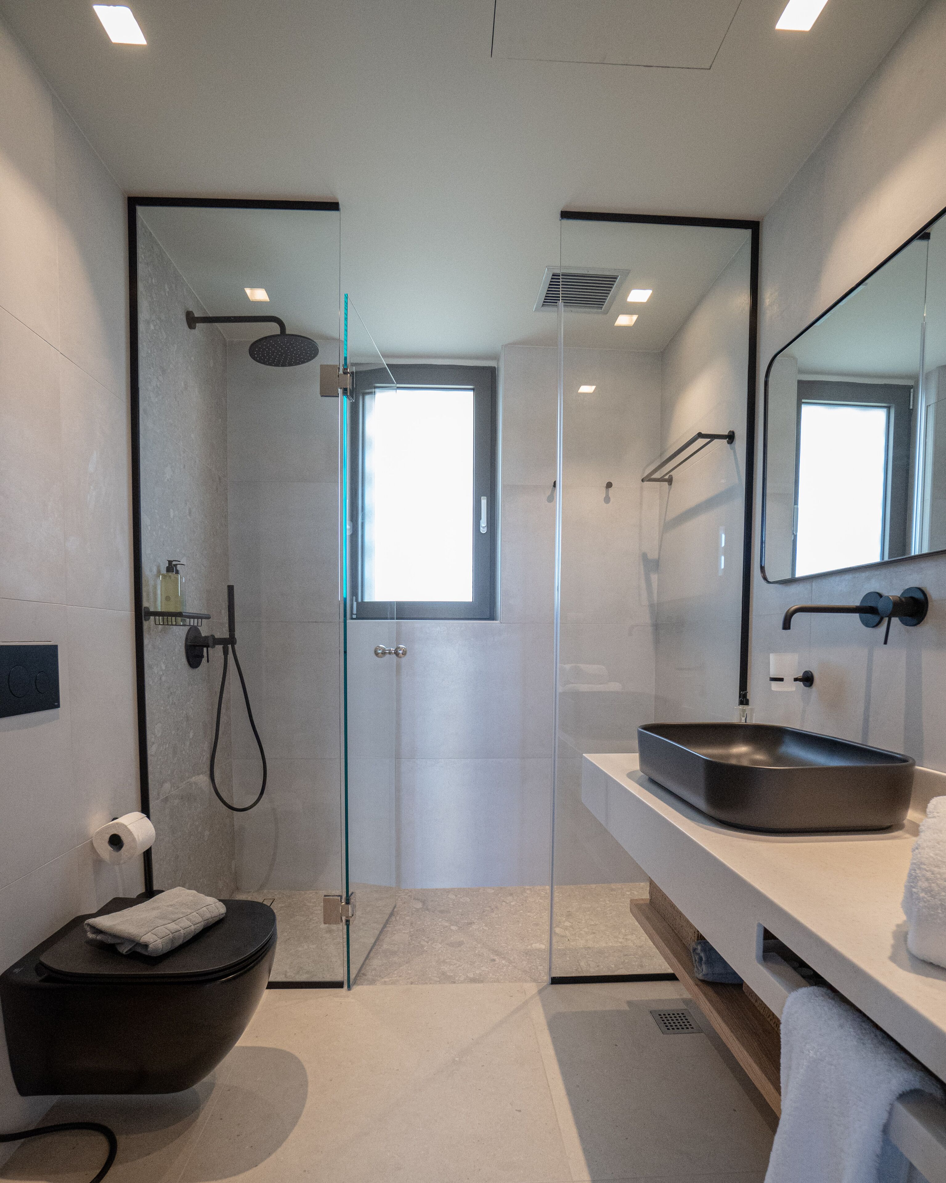 A modern bathroom with a glass-enclosed shower, a black toilet, a large mirror, and a white sink.