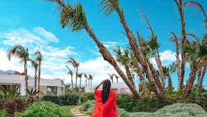 Una donna con un abito rosso cammina su un sentiero di pietra circondato da una vegetazione rigogliosa e palme.