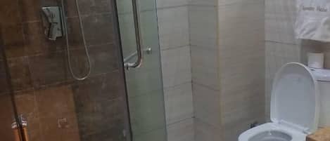 A bathroom with a glass-enclosed shower, a toilet, and a towel rack.