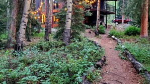 A rustic cabin with a wooden deck and string lights, surrounded by dense forest.