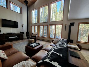 Smart-TV, Kamin, Bücher, Stereoanlage