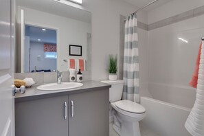 Eco-friendly toiletries, hair dryer, towels, soap