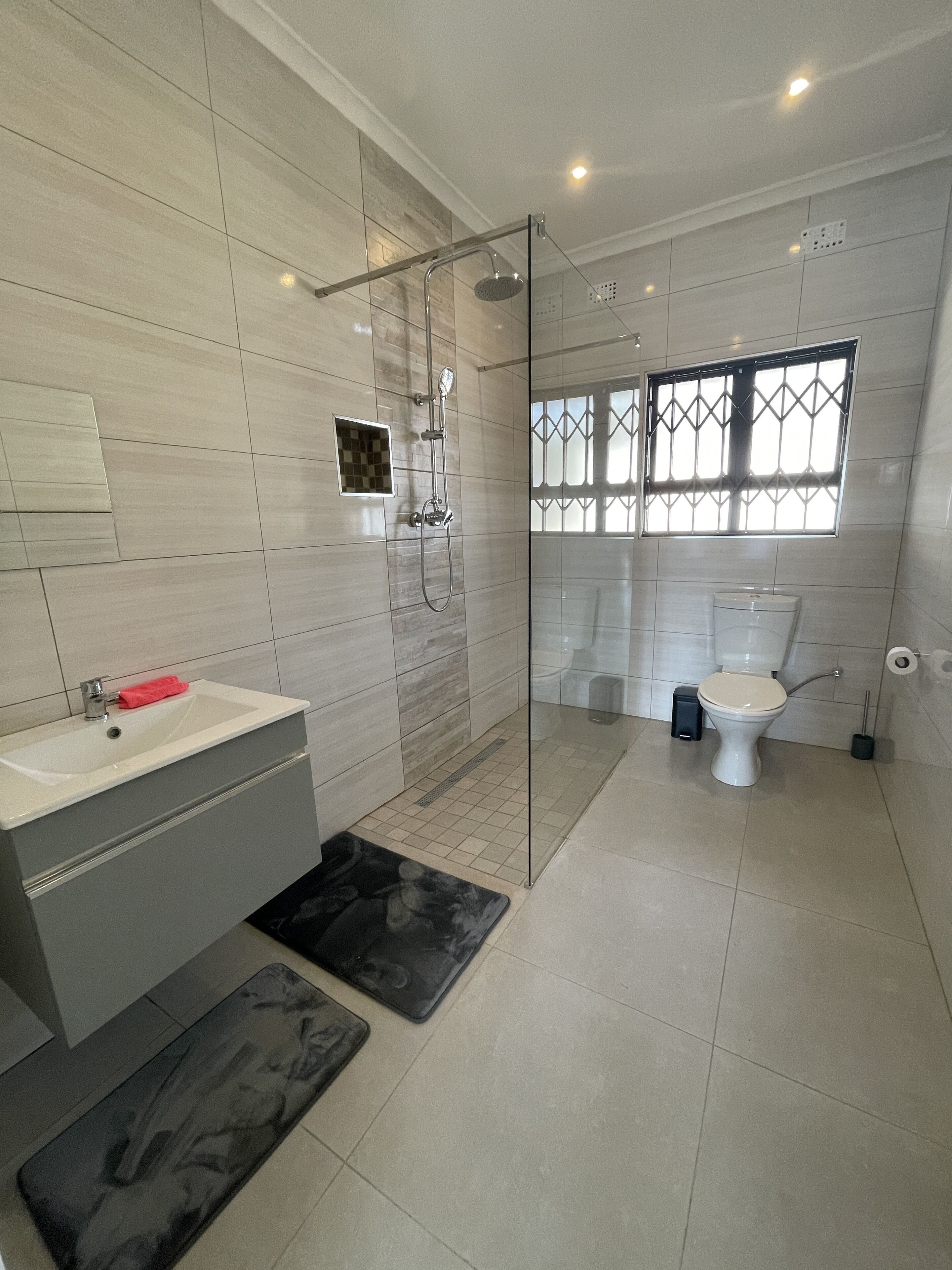 Shower, towels, soap, toilet paper