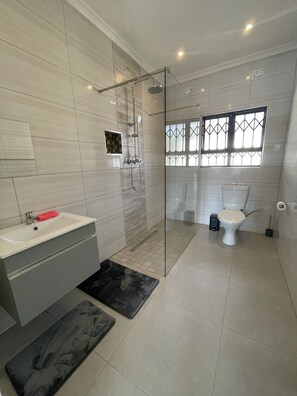 Een douche, handdoeken, zeep, toiletpapier
