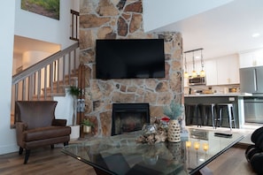 TV connectée, cheminée, livres