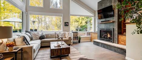 Smart TV, fireplace, DVD player, foosball