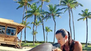 A person in a pool with a dolphin, surrounded by palm trees and a wooden structure. - Waikoloa Saltwater Haven in Vistas (Waikoloa)