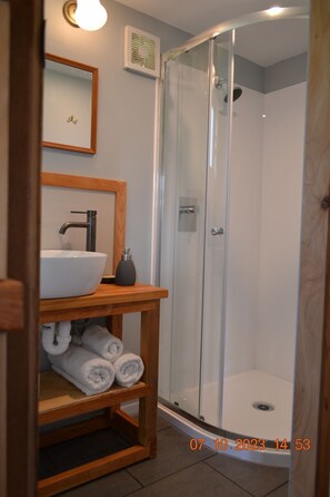 Shower, eco-friendly toiletries, hair dryer, towels