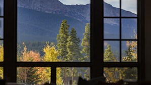 Vista a través de una ventana, con una montaña y un bosque al fondo.