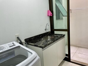 Hair dryer, towels, soap, toilet paper