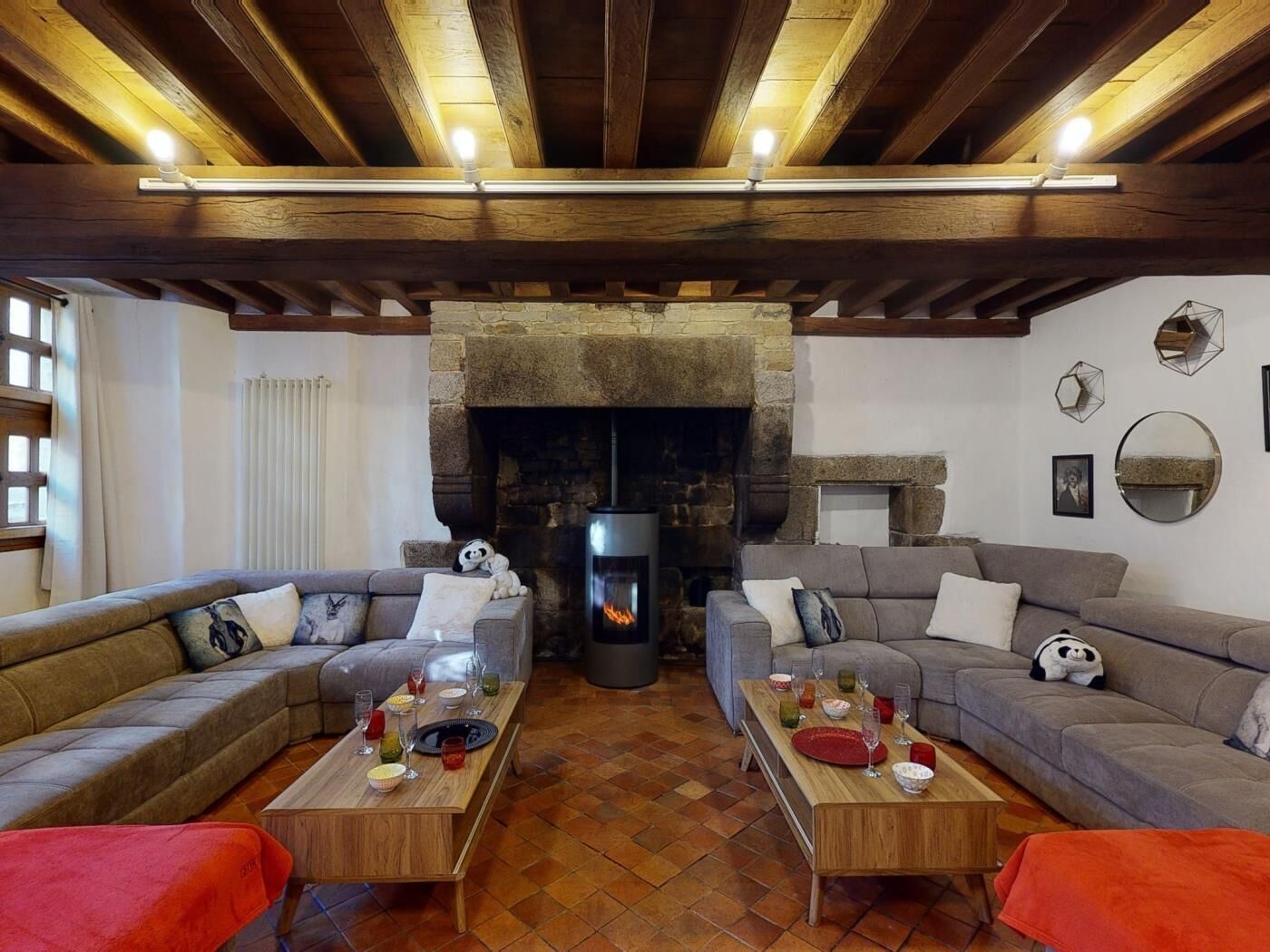 TV, fireplace, foosball, offices