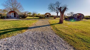 A pathway leading to three dome-shaped cabins in a grassy area with trees and a clear sky. - Auberge St Vincent Diligence 35 people 2 Cottage : jacuzzi games (Braffais – Le Parc)