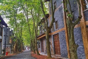 Eine enge Straße gesäumt von traditionellen Gebäuden, Bäumen und einem Pflasterweg.