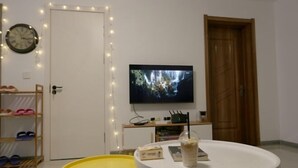 A room with a television displaying a waterfall, a white door, a wooden door, a shelf with shoes, and a table with a drink and a book. - Shenyang Chang Kuan Gao Hostel (Shenyang)