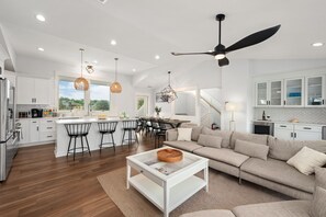 Smart TV, fireplace, video games, DVD player