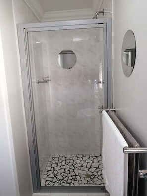 Shower, hair dryer, towels, toilet paper